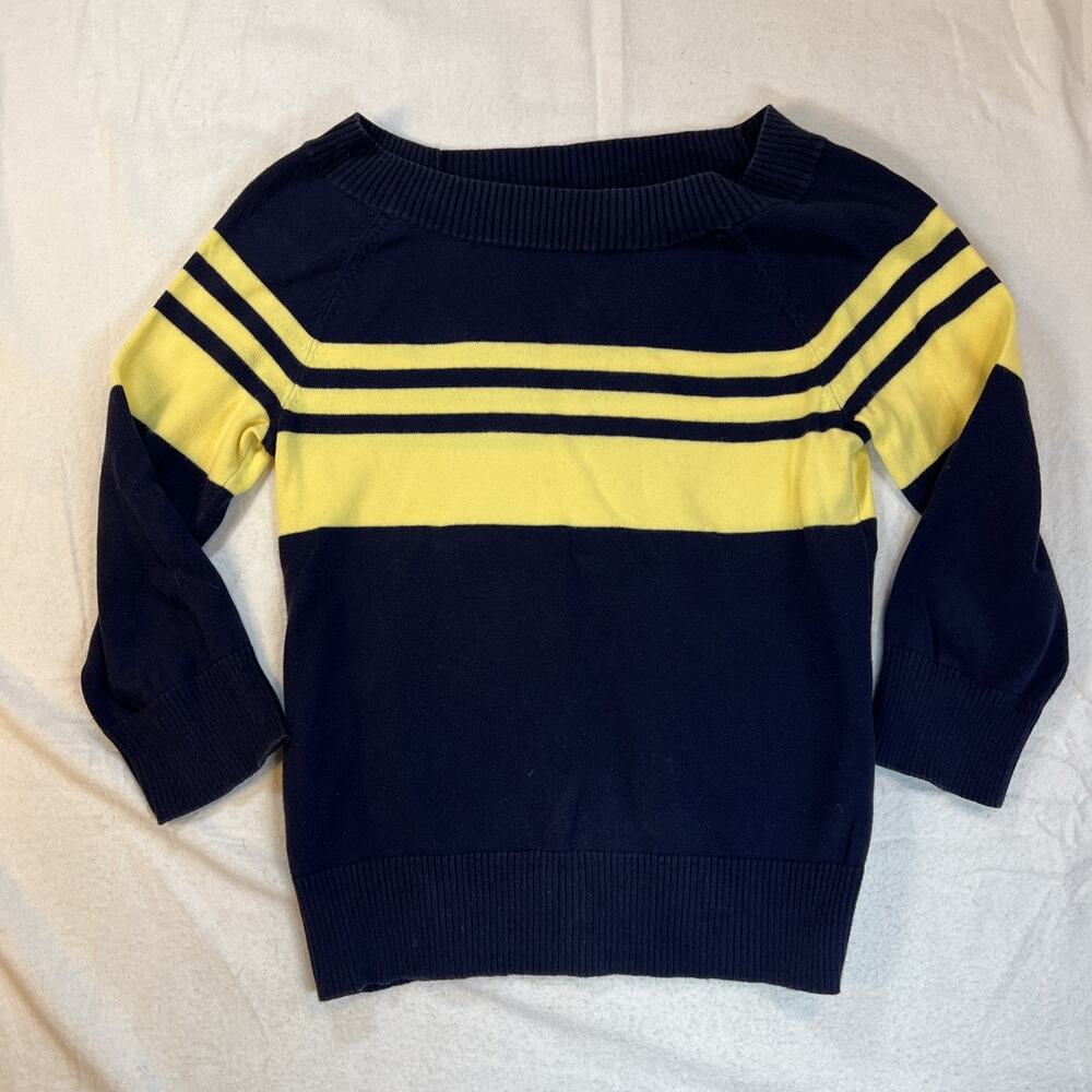 CHAPS Navy Yellow Boat Neck 3/4 Sleeve Sweater Small Preppy Classic Cotton